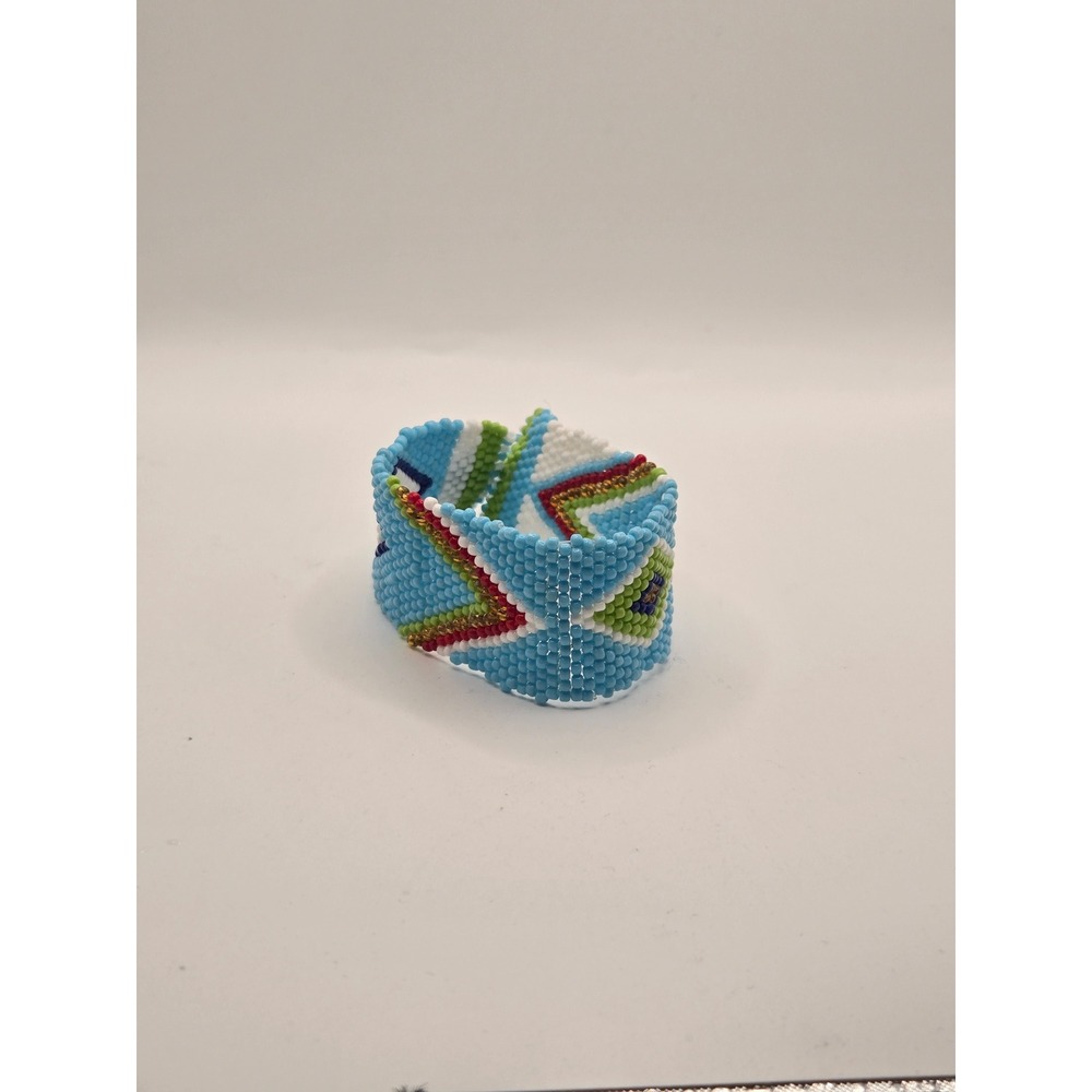 Handmade Beaded Cuff Bracelet Blue Geometric Diamond Seed Bead Boho Wide Band